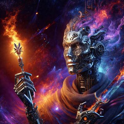 The primary subject of the image is a robot with a halo, standing in a purple and blue space. The robot is wearing a hooded robe and holding a torch. The setting appears to be a futuristic, celestial environment. The visual style of the image is digital art, with a focus on the robot and its surroundings. The colors and mood of the image are predominantly purple and blue, creating a sense of mystery and wonder.
